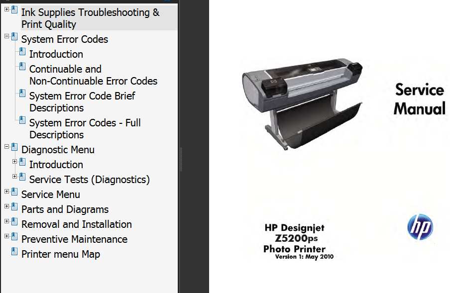 HP Designjet Z5200 Printers Series Service Manual and Parts List and Diagrams