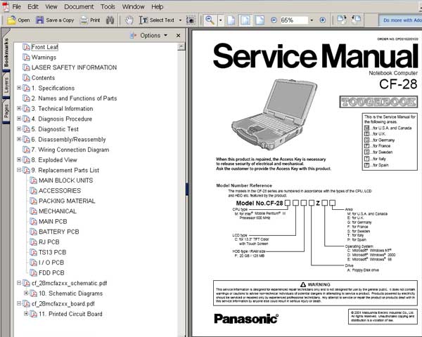 Panasonic TOUGHBOOK CF28 Notebook Computer CF-28 <br>Service Manual, Circuit Diagram and Parts Replacement List  <br> <font color=red>New!</font>