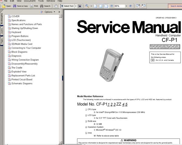 Panasonic TOUGHBOOK CFP1 Handheld Computer CF-P1 <br>Service Manual, Circuit Diagram and Parts Replacement List  <br> <font color=red>New!</font>