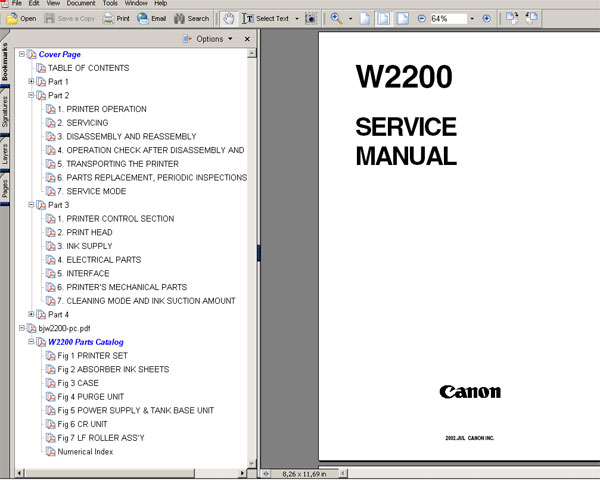 CANON BJ-W2200 printer Service Manual and Parts Catalog
