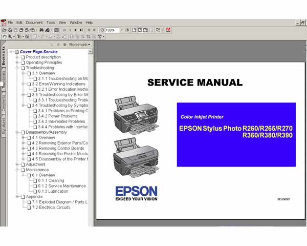 Epson R260, R265, R270, R360, R380, R390, PMG850, PMD8700 printers Service Manual