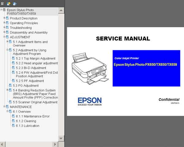 Epson STYLUS TX650, TX659, PX650 printers Service Manual <br><font color=red>New!</font>