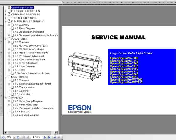 Epson Stylus Pro Pro 7700, 7710, 7900, 7910, 9700, 9710, 9900, 9910, WT7900, WT7910 printers Service Manual, Parts List, Block Wiring Diagram and Exploded Diagram   <font color=red>New!</font>