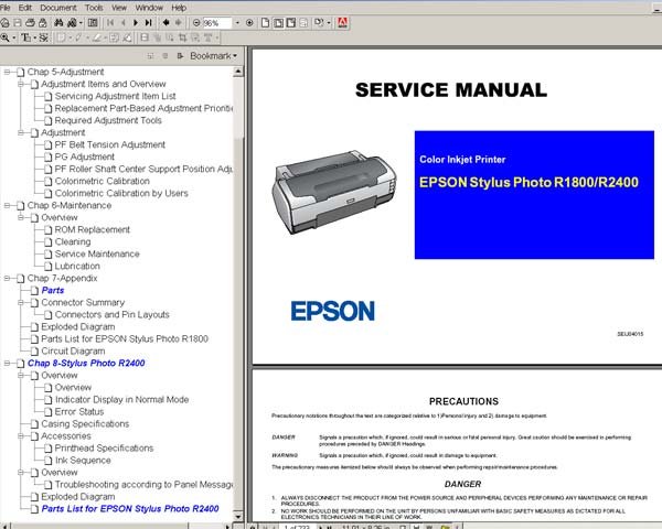 Epson R1800, R2400, PX5500, PXG5000 printers Service Manual and Parts List