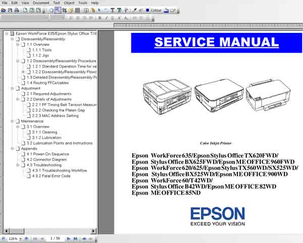 Epson T42wd, TX560wd, TX620fwd, B42wd, BX525wd, BX625fwd,  SX525wd, ME Office 82wd, 85ns, 900wd, 960fwd,   WorkForce 60, 620, 625, 635   printers Service Manual
