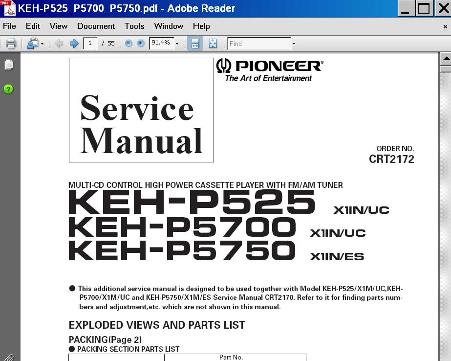 Pioneer KEH-P525, KEH-P5700, KEH-P5750 multi-CD control high power cassette player Service Manual, exploded views and parts list <font color=red>New!</font>