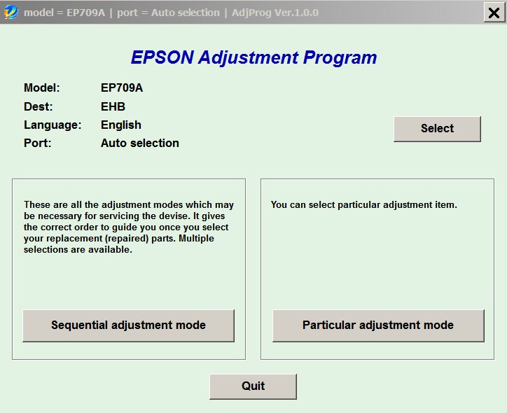Epson <b>EP-709A </b> (EHB) V 1.0.0 Adjustment Program