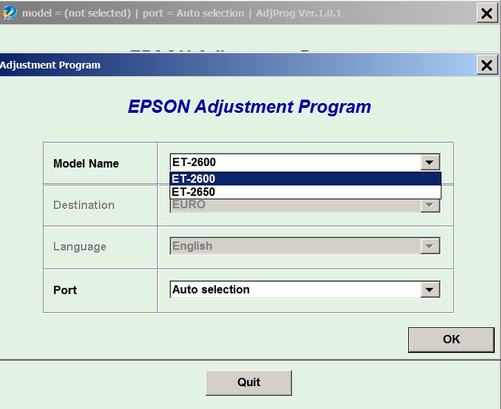 Epson <b>ET-2600, ET-2650 </b> (EURO) Ver.1.0.1 Service Adjustment Program