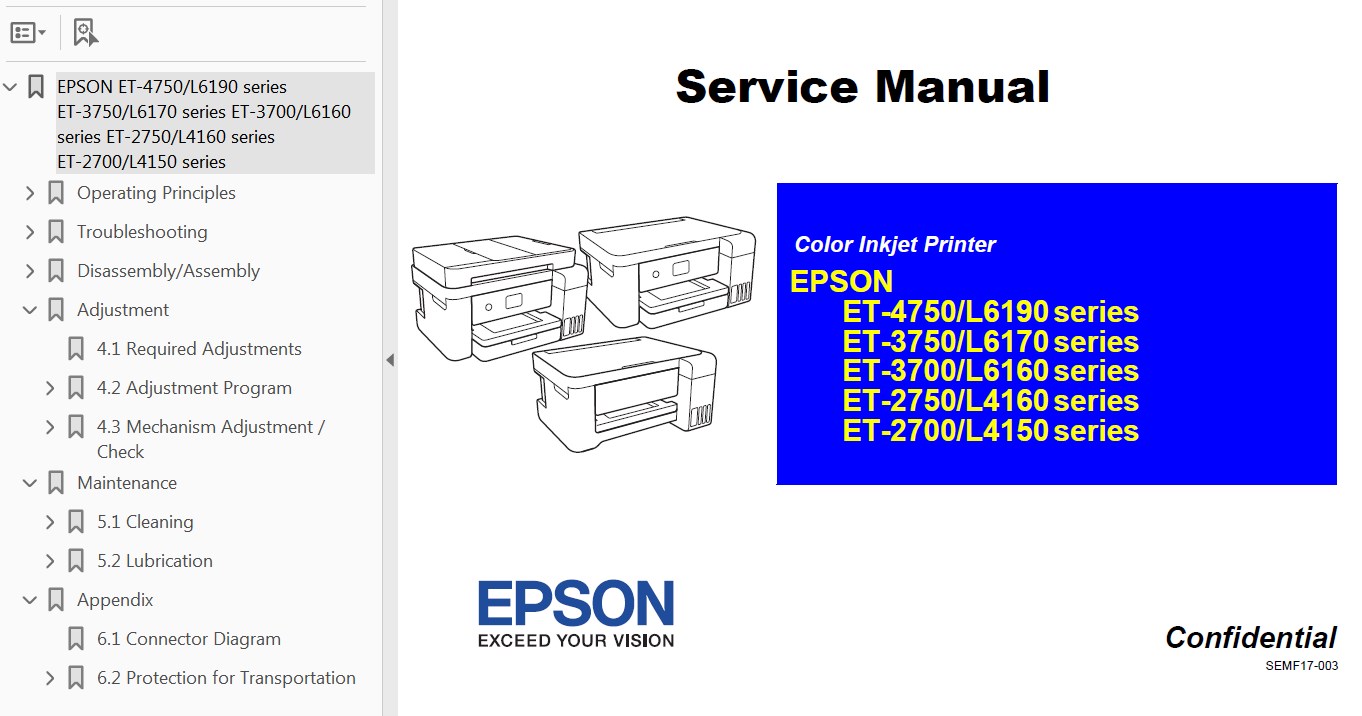Epson <b> ET-2700, ET-2750, ET-3700, ET-3750, ET-4750, L4150, L4160, L6160, L6170, L6190 Series</b> printers Service Manual  <font color=orange>New!</font>