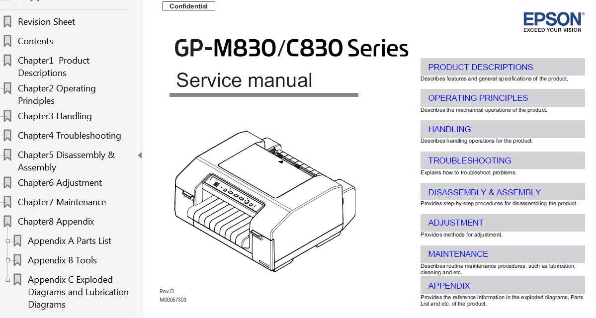 Epson GP-M830 Series, GP-C830 Series Printer Service Manual, Exploded Diagram and Parts List