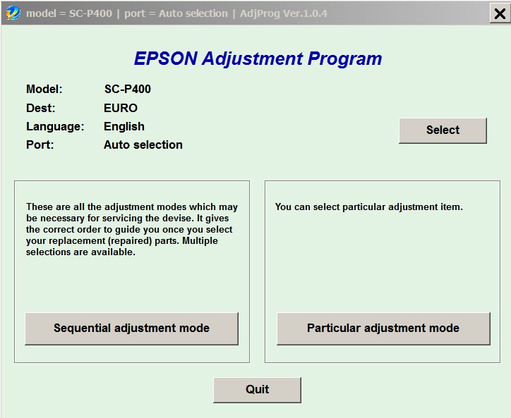 Epson <b>Sure Color SC-P400 </b> (EURO) Ver.1.0.4 Service Adjustment Program  <font color=red>New!</font>