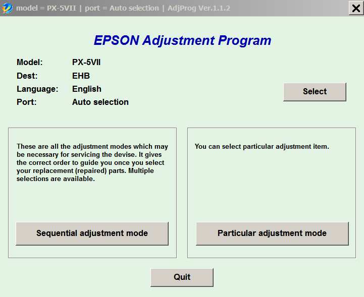 Epson <b>PX-5VII </b> (EHB) Ver.1.1.2 Service Adjustment Program