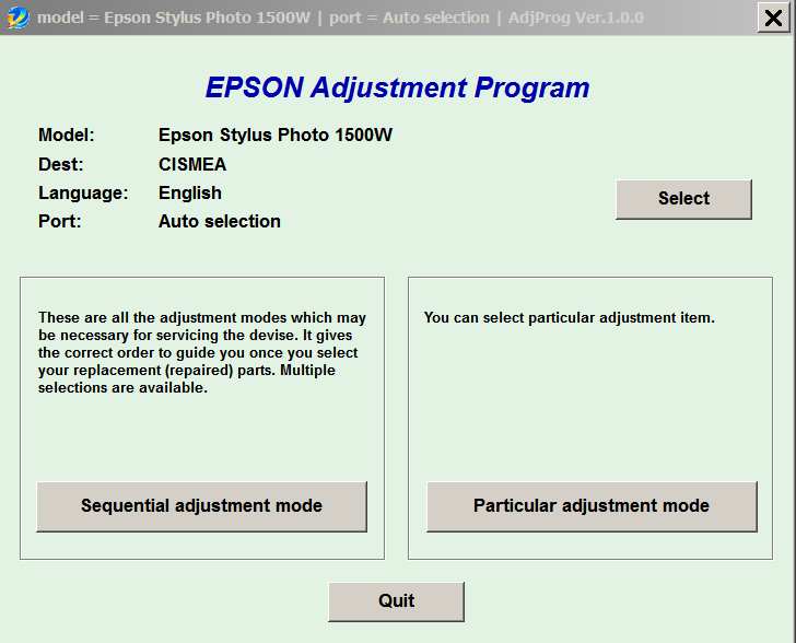 Epson <b>Photo 1500w </b> (CISMEA) V1.0.0 Service Adjustment Program