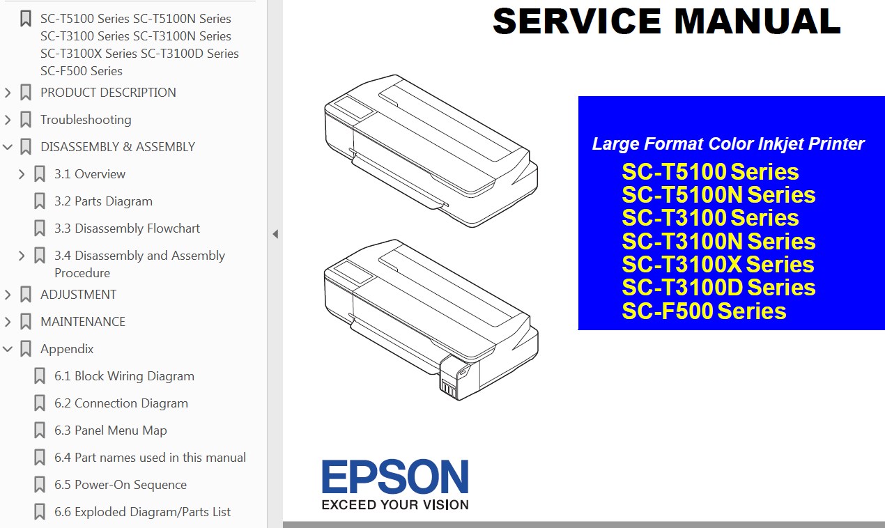 Epson Sure Color SC-T3100, SC-T3150, SC-T3170,  N, X, D, Series,  SC-T5100 Series,  SC-F500 Service Manual and Block Wiring Diagram <font color=red>New!</font>