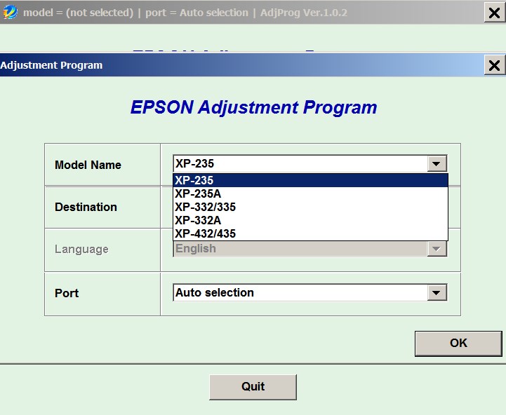 Epson <b> XP-235, XP-235A, XP-332, XP-332A, XP-335, XP-432, XP-445  </b> (EURO) Ver.1.0.2 Service Adjustment Program