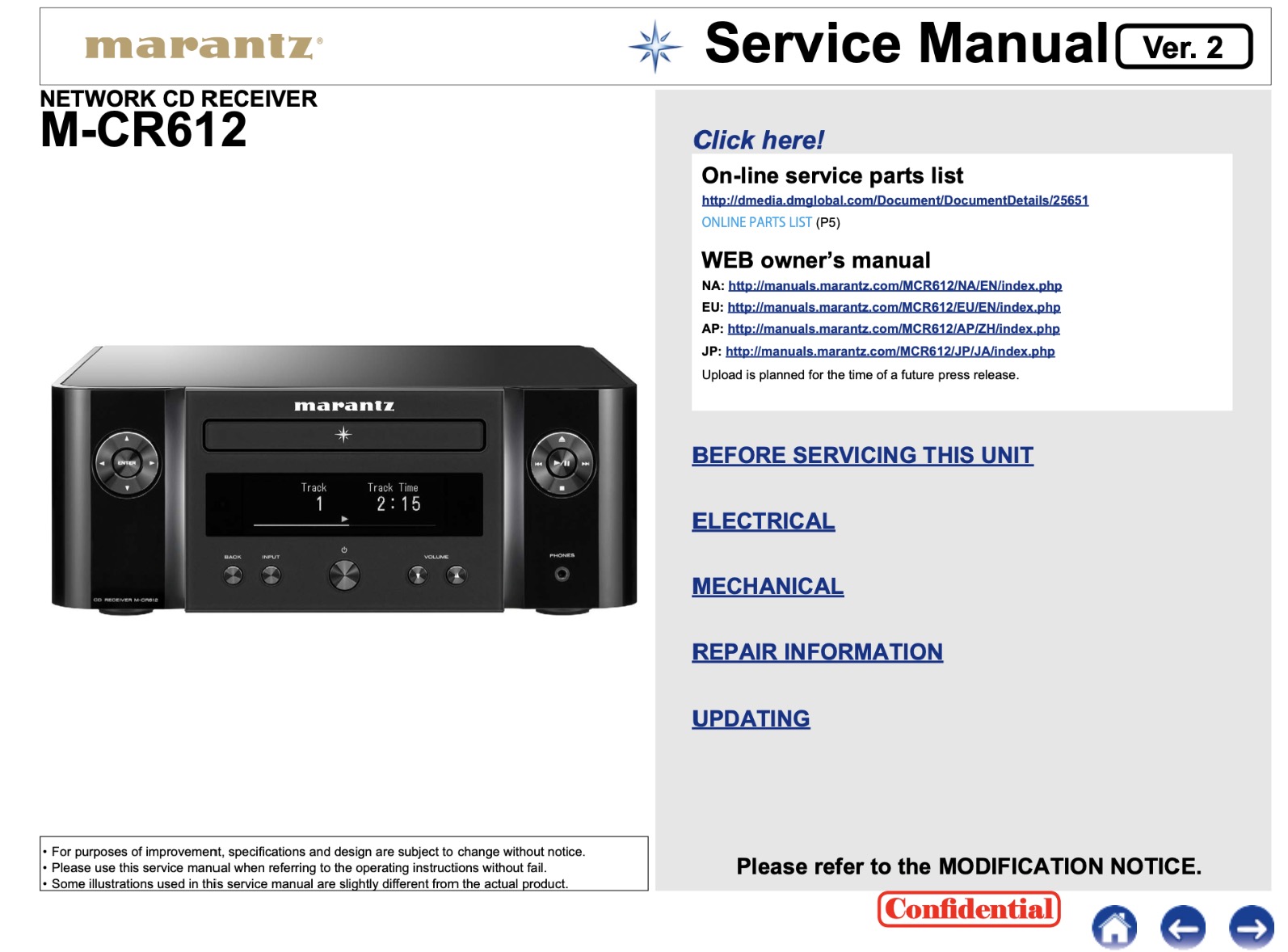 Marantz M-CR612 Network CD Receiver Service Manual, Parts List, Exploded View, Wiring and Schematic Diagram
