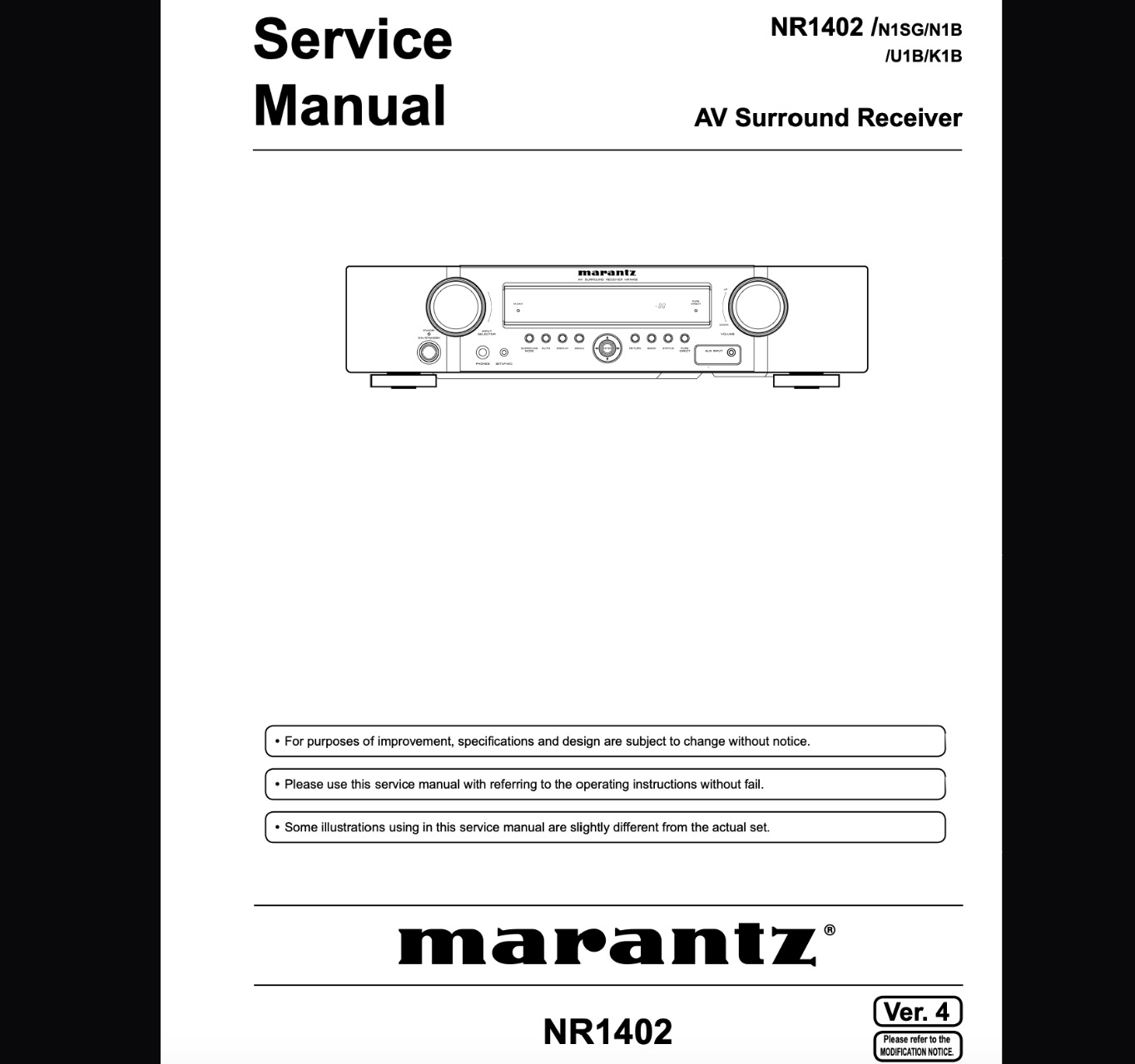 Marantz NR1402 AV Surround Receiver Service Manual, Parts List, Exploded View, Wiring and Schematic Diagram