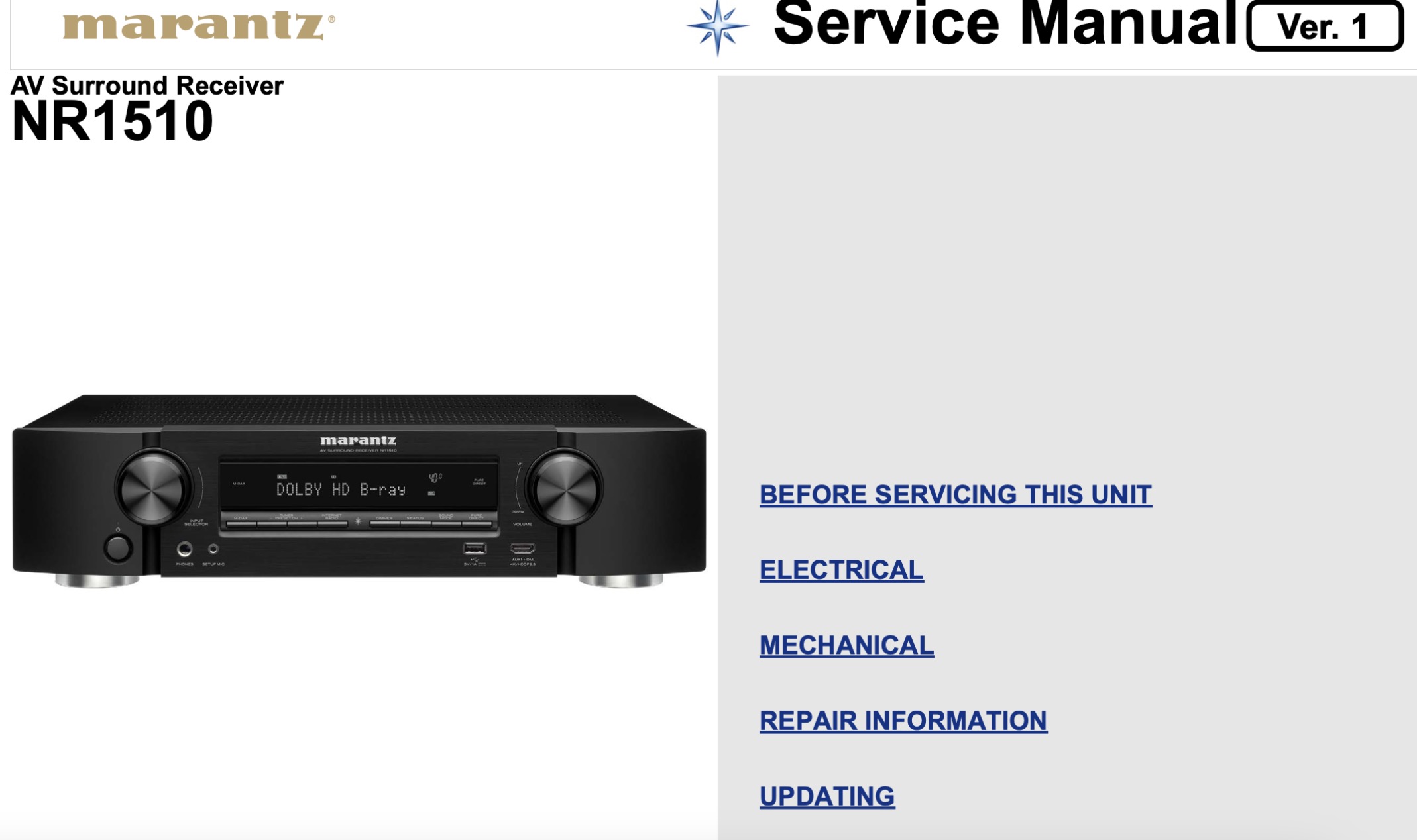 Marantz NR1510 AV Surround Receiver Service Manual, Parts List, Exploded View, Wiring and Schematic Diagram