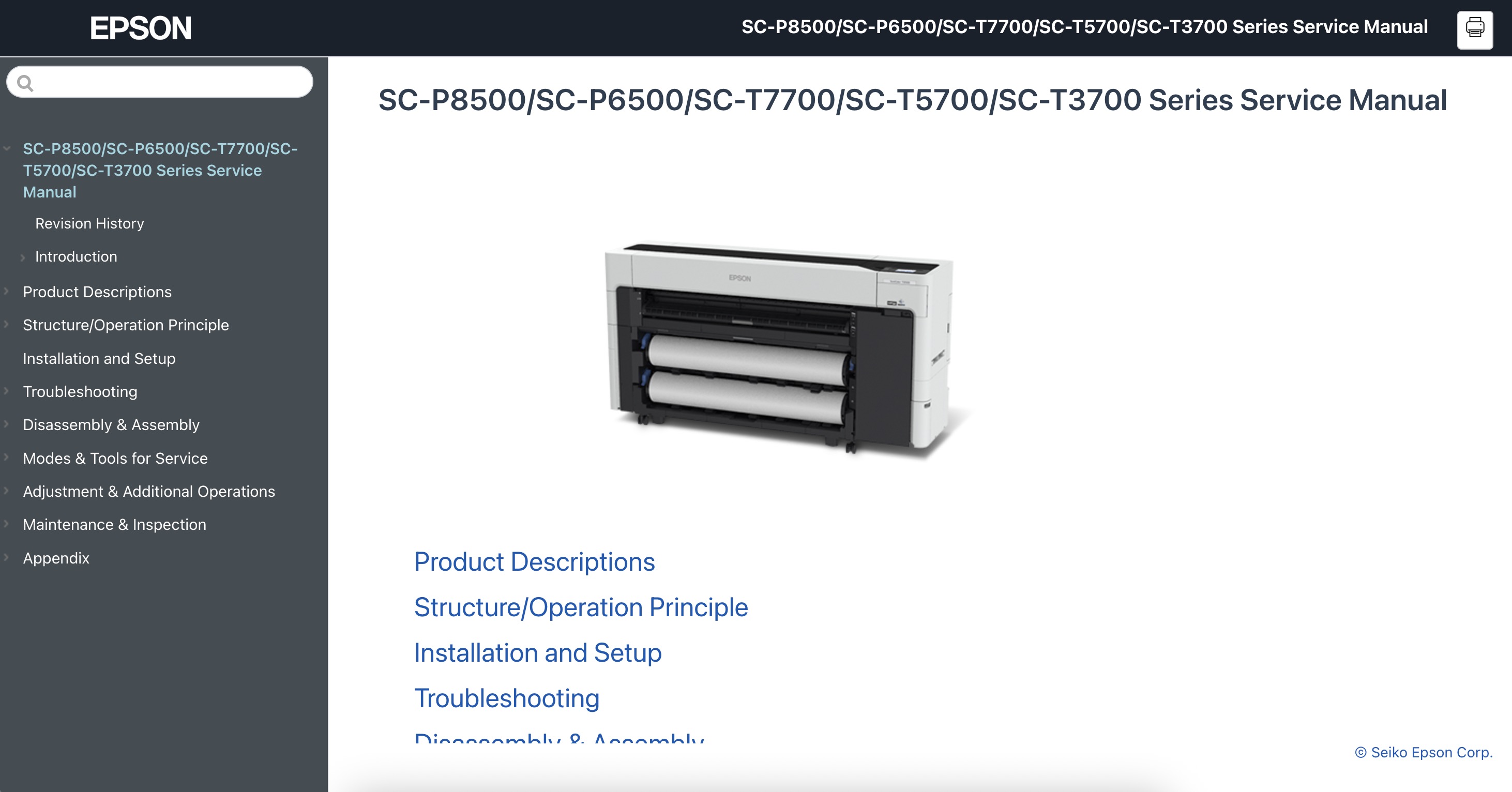 Epson <b>SC-P8500, SC-P6500, SC-T7700, SC-T5700, SC-T3700</b> printers Service Manual and Block Wiring Diagram  <font color=red>New!</font>