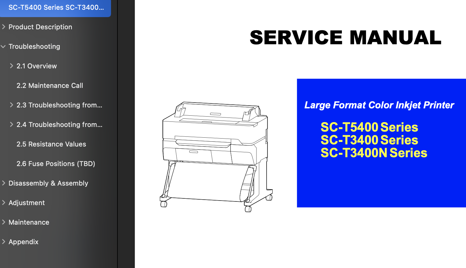 Epson Sure Color SC-T3400 Series,  SC-T3400N Series,  SC-T5400 Series  Service Manual, Parts List and Exploded Diagram <font color=red>New!</font>