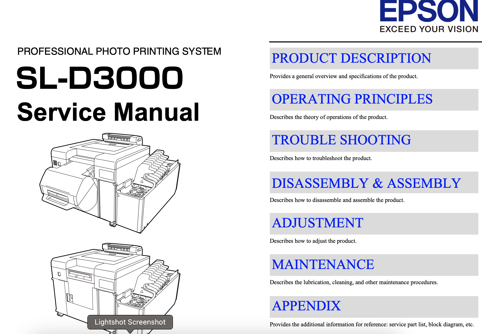 Epson <b>Sure Lab SL-D3000 </b> printer Service Manual, Exploded View, Wiring diagram and Parts List <font color=red>New!</font>