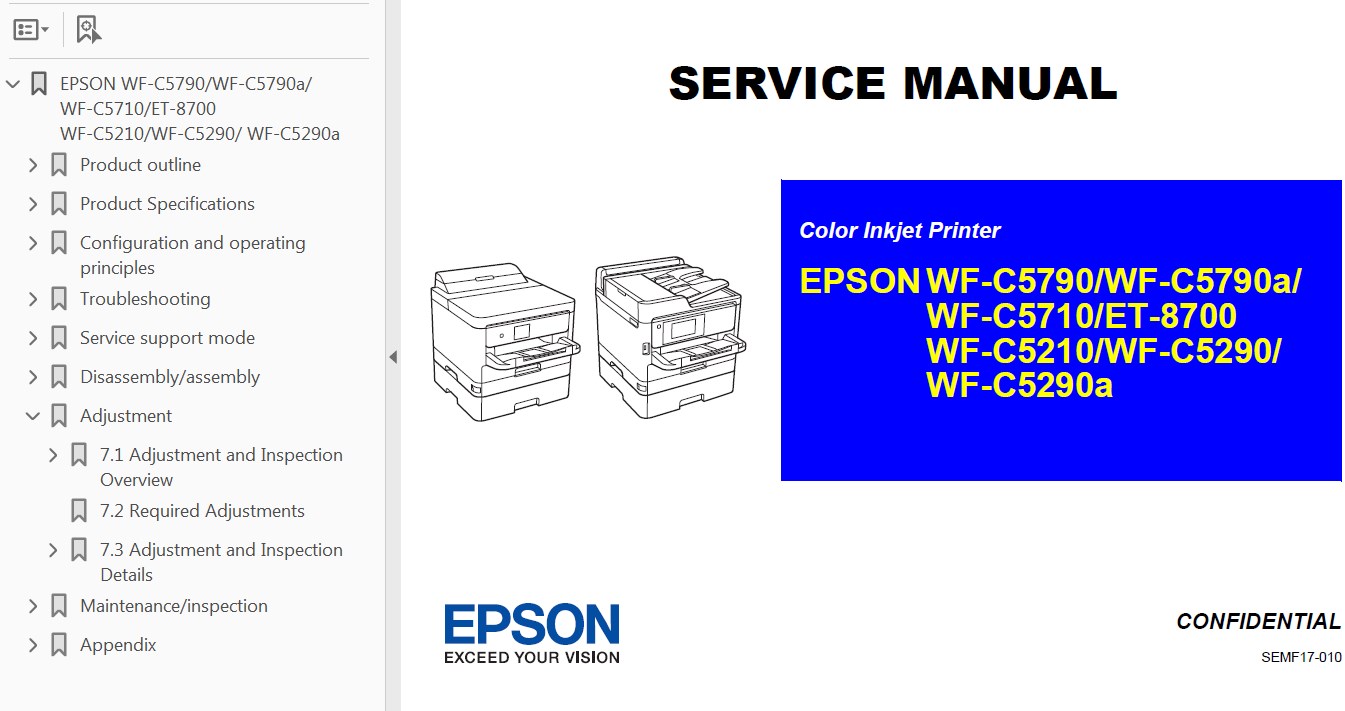 Epson <b> WF-C5210, WF-C5290,  WF-C5710, WF-C5790, ET-8700</b> printers Service Manual  <font color=orange>New!</font>