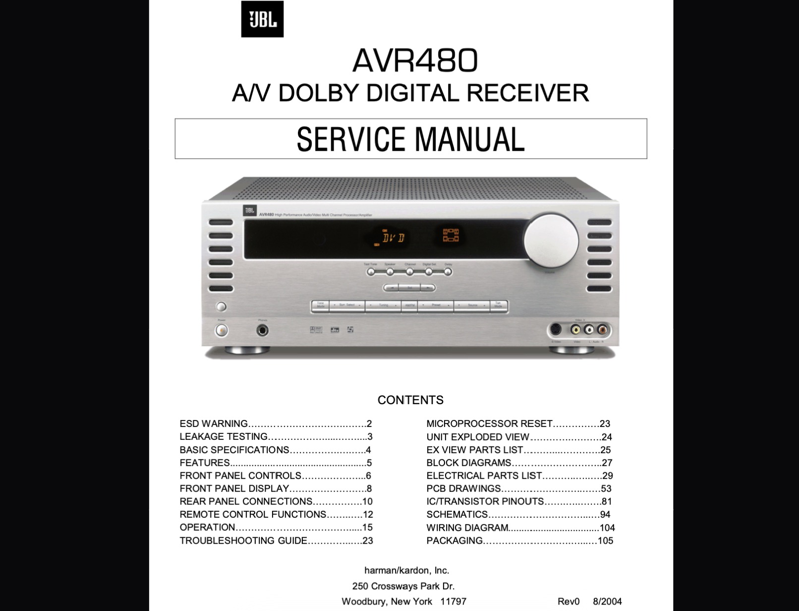 JBL AVR480 A/V Dolby Digital Receiver Service Manual, Exploded View, Schematic Diagram, Cirquit Board