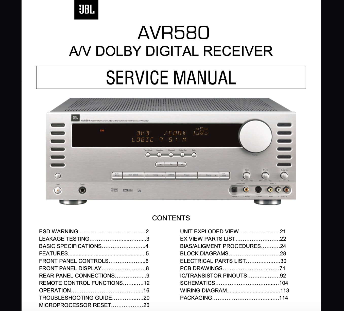 JBL AVR580 A/V Dolby Digital Receiver Service Manual, Exploded View, Schematic Diagram, Cirquit Board