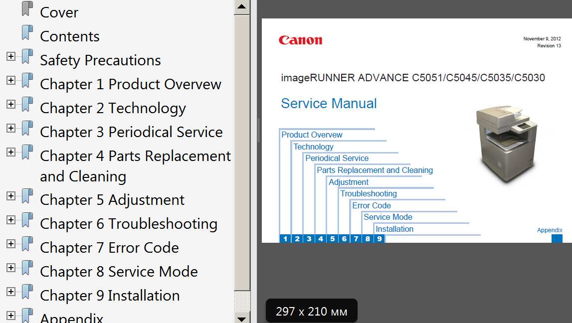 CANON imageRUNNER ADVANCE C5030, C5035, C5045, C5051 Service Manual, Symptoms & Solutions, Maintenance Guide, Parts List and Cirquit Diagram