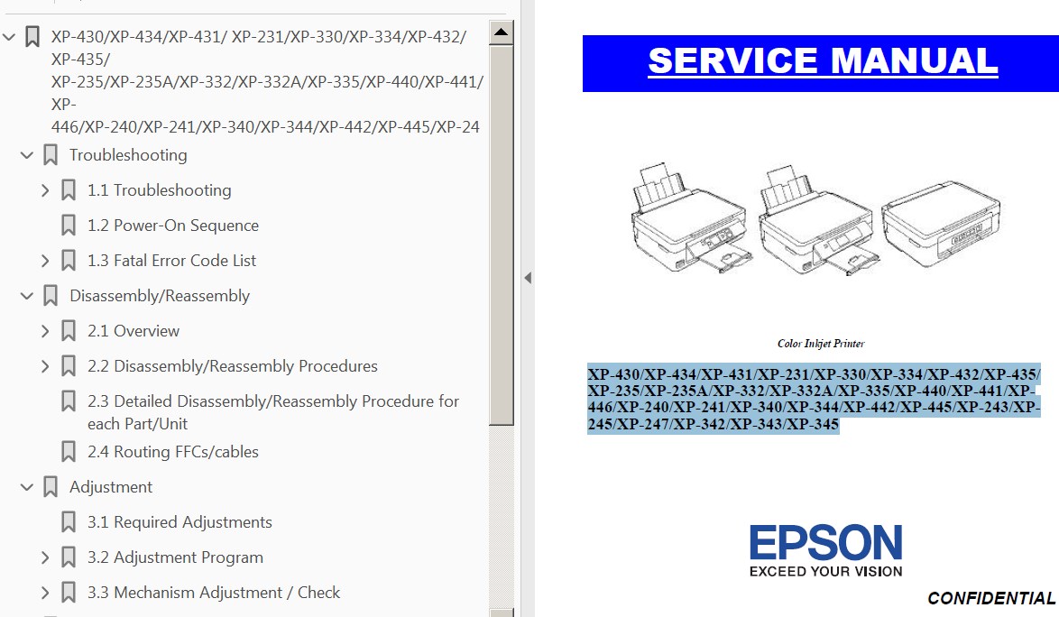 Epson <b>XP-231, XP-235, XP-235A, XP-240, XP-241, XP-243, XP-245, XP-247 XP-330, XP-332, XP-332A, XP-334, XP-335, XP-340, XP-342, XP-343, XP-344, XP-345 XP-430, XP-431, XP-432, XP-434, XP-435, XP-440, XP-441, XP-442, XP-445, XP-446</b> printers Service Ma