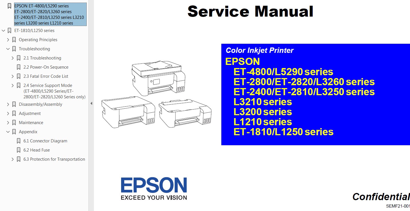 Epson <b> ET-1810, ET-2400, ET-2800, ET-2810, ET-2820, ET-4800, L1210, L1250, L3200, L3210, L3250, L3260, L5290 Series</b> printers Service Manual  <font color=orange>New!</font>