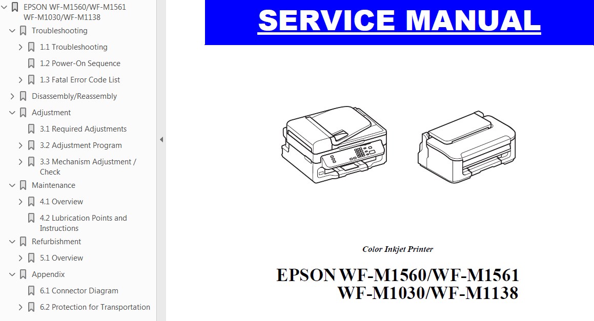 Epson <b>WF-M1030 / WF-M1138, WF-M1560 / WF-M1561 </b> printers Service Manual  <font color=red>New!</font>