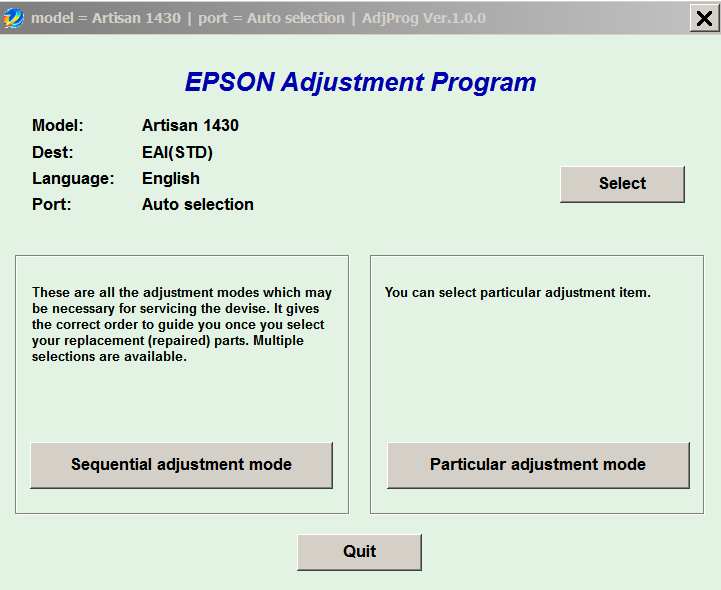 Epson <b>Artisan 1430 </b> (EAI / STD) V 1.0.0 Adjustment Program