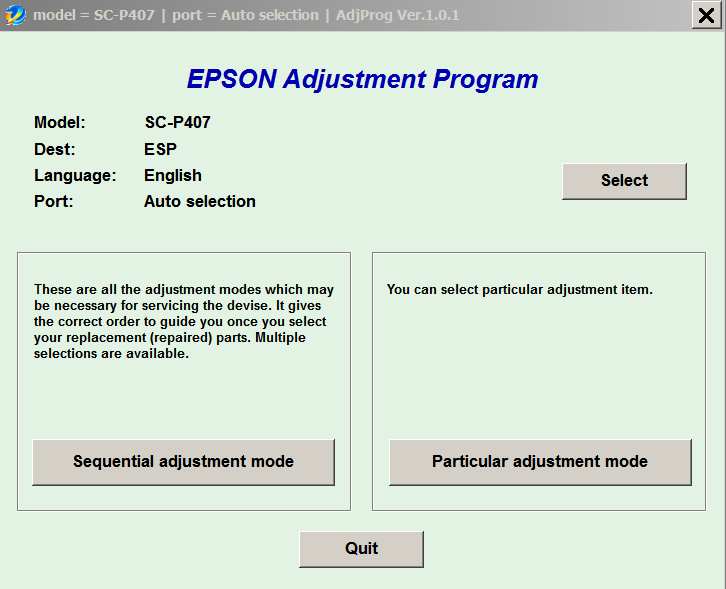 Epson <b>Sure Color SC-P407 </b> (ESP) Ver.1.0.1 Service Adjustment Program  <font color=red>New!</font>