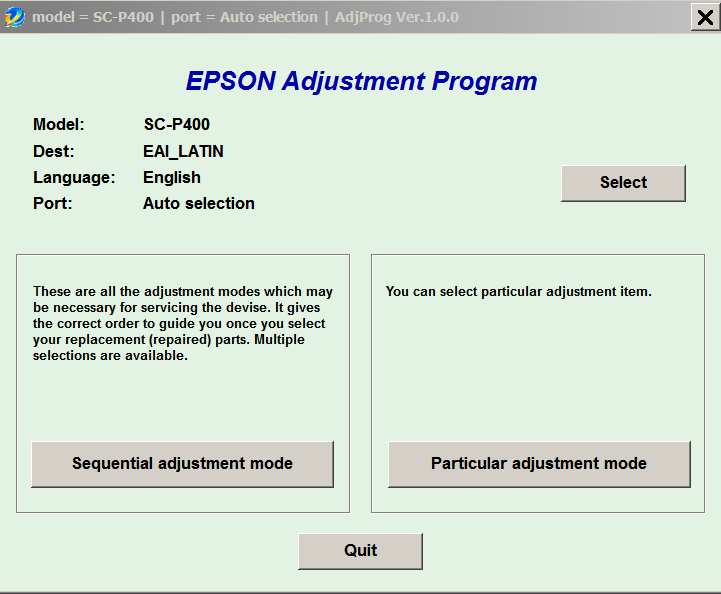 Epson <b>Sure Color SC-P400 </b> (EAI) Ver.1.0.0 Service Adjustment Program  <font color=red>New!</font>