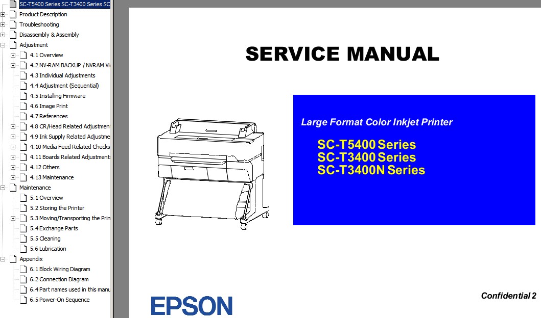 Epson Sure Color SC-T3400, SC-T3405, SC-T3430, SC-T3450, SC-T3460, SC-T3470, SC-T3480,  SC-T5400, SC-T5405, SC-T5430, SC-T5450, SC-T5460, SC-T3570, SC-T5480 Service Manual and Exploded Diagram and Parts List for T5400 only <font color=red>New!</font>