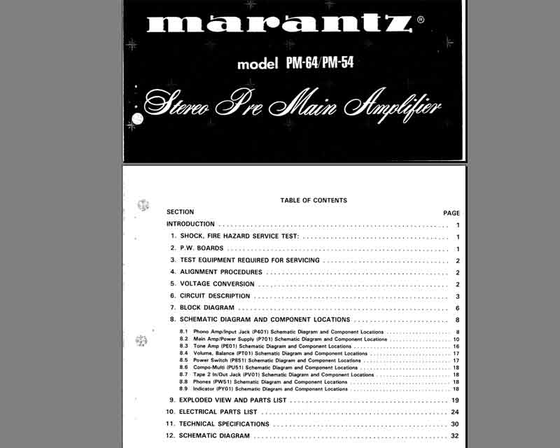 Marantz PM64, PM54 Amplifier Service Manual, Exploded View, Parts List, Schematic Diagram, Cirquit Description