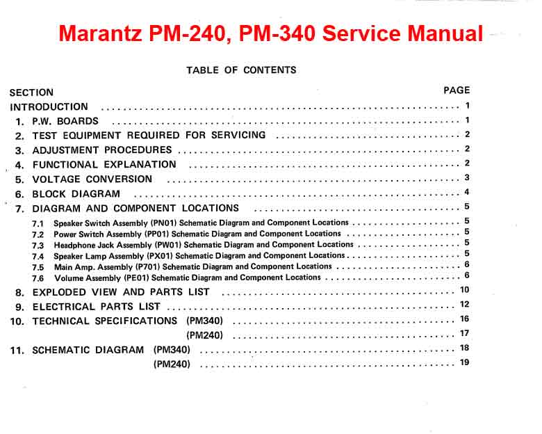 Marantz PM-240, PM-340 Stereo Pre Main Amplifier  Service Manual, Exploded View, Mechanical and Electrical Parts List, Schematic Diagram, Cirquit Board