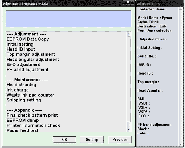 Epson <b>TX110</b> Service Adjustment Program