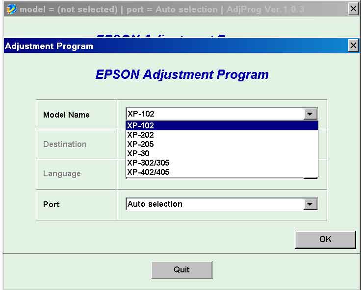 Epson <b>XP-30, XP-102, XP-202, XP-205, XP-302, XP-305, XP-402, XP-405</b> (EURO) Ver.1.0.3 Service Adjustment Program
