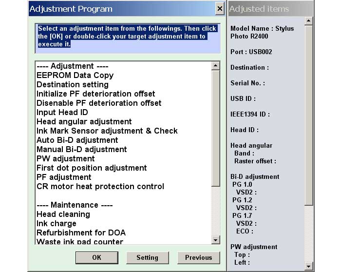 Epson R2400 Printer Service Program