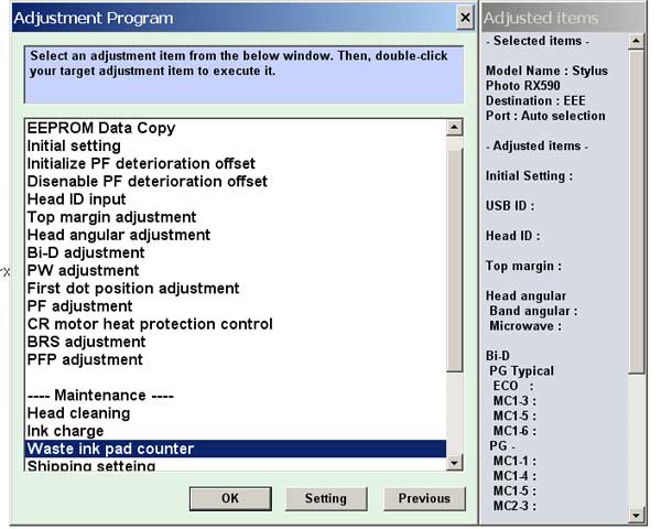 Epson <b>RX590</B> Service Adjustment Program