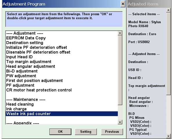 Epson RX640 Service Adjustment Program