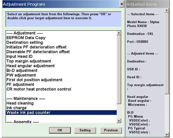 Epson RX650 Service Adjustment Program