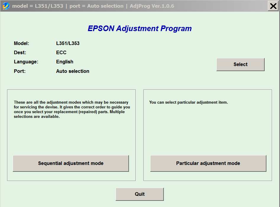 Epson <b>L111, L211, L301, L303, L351, L353, L358, L551, L558 </b> (ECC) Ver.1.0.6 Service Adjustment Program