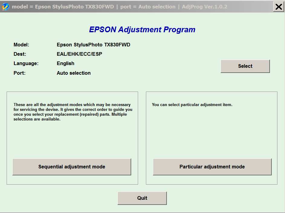 Epson <b>TX830FWD </b> (EAL/EHK/ECC/ESP) Ver.1.0.2 Service Adjustment Program