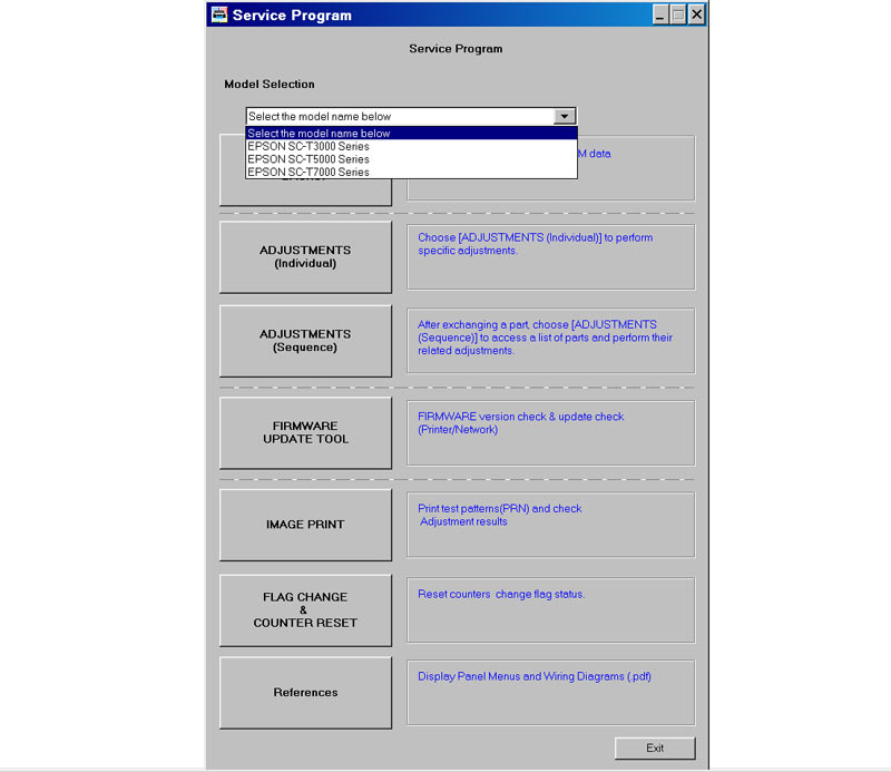 Epson Sure Color SC-T3000, SC-T5000, SC-T7000  Service Adjustment Program with NV-RAM BACKUP Utility included