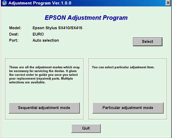 Epson <b>SX410, SX415</b> (EURO) Ver 1.0.0 Service Adjustment Program