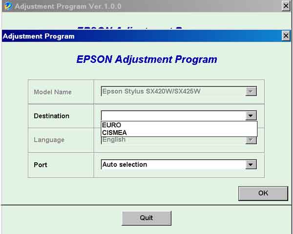 Epson <b>SX420W, SX425W</b> (EURO, CISMEA) Ver 1.0.0 Service Adjustment Program