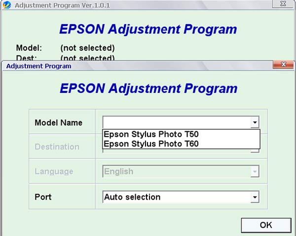 Epson <b>T50, T60</b> Service Adjustment Program